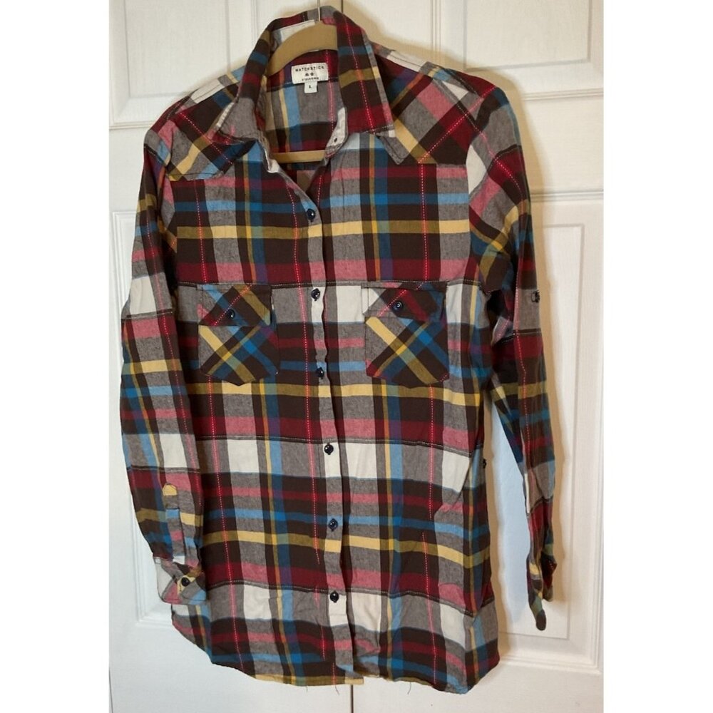 Woman’s Matchstick Multicolor‎ Plaid Flannel Button Down Shirt Large 100% Cotton